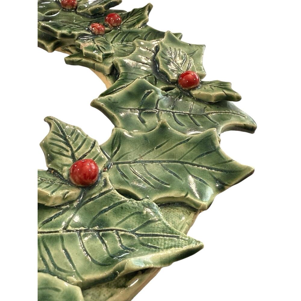 Handmade Pottery Holly Wreath 3D Decor Christmas Holiday 10” Studio - Picture 3 of 9